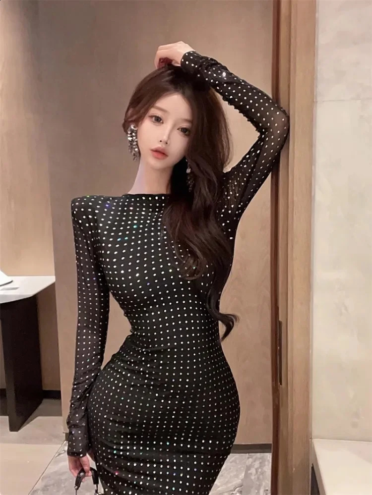 Ezgaga Sexy Dresses Women Bandage Sequins Slim Long Sleeve Temperament Stretch Elegant Party Dress Ladies Backless Vintage 240819