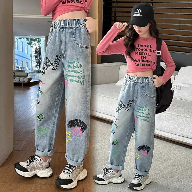 Girls pants printed denim wide leg pants suitable for middle-aged and elderly girls fashionable straight leg pants for 5-14 years oldW240819