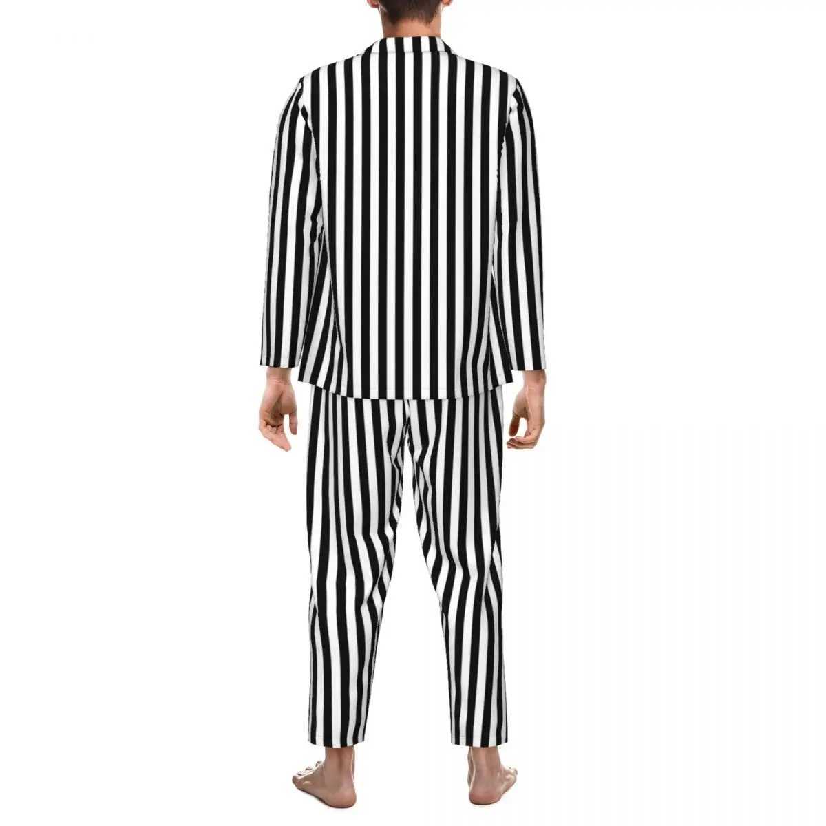 Black and white striped pajamas with spring vertical line printing casual oversized pajamas set mens long sleeved fashionable home setW240719