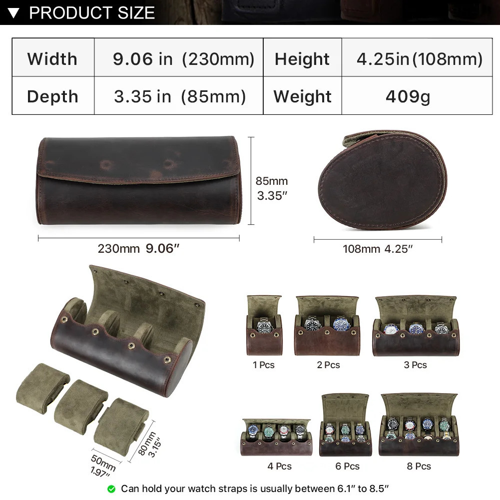 Retro leather 123468 slot watch roll travel box portable display storage organizer mens gift 240812