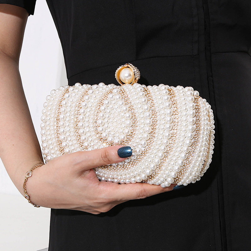 New Women's Evening Handmade Pearl Embroidery with Diamond Embedding Banquet Dress Handheld Bag