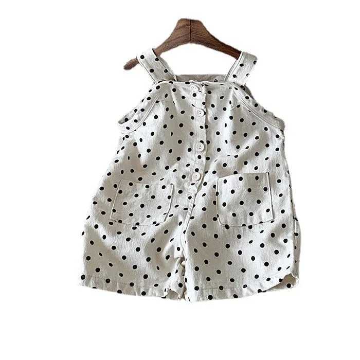 2024 summer new childrens denim top cute dot print baby sleeveless jumpsuit loose baby casual pants childrens bib pants W240806