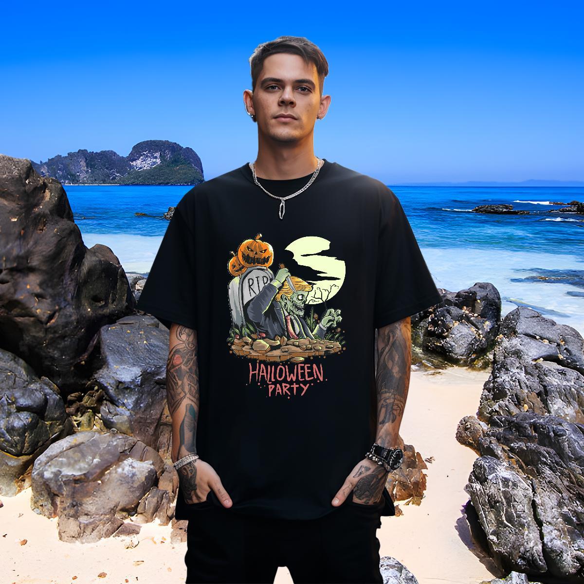 Classic Men T Shirts halloween Round Neck Short Sleeve Anime Printing Street Floral Print 230g Pure Cotton Men Tops Tees Brand Tees Shirts