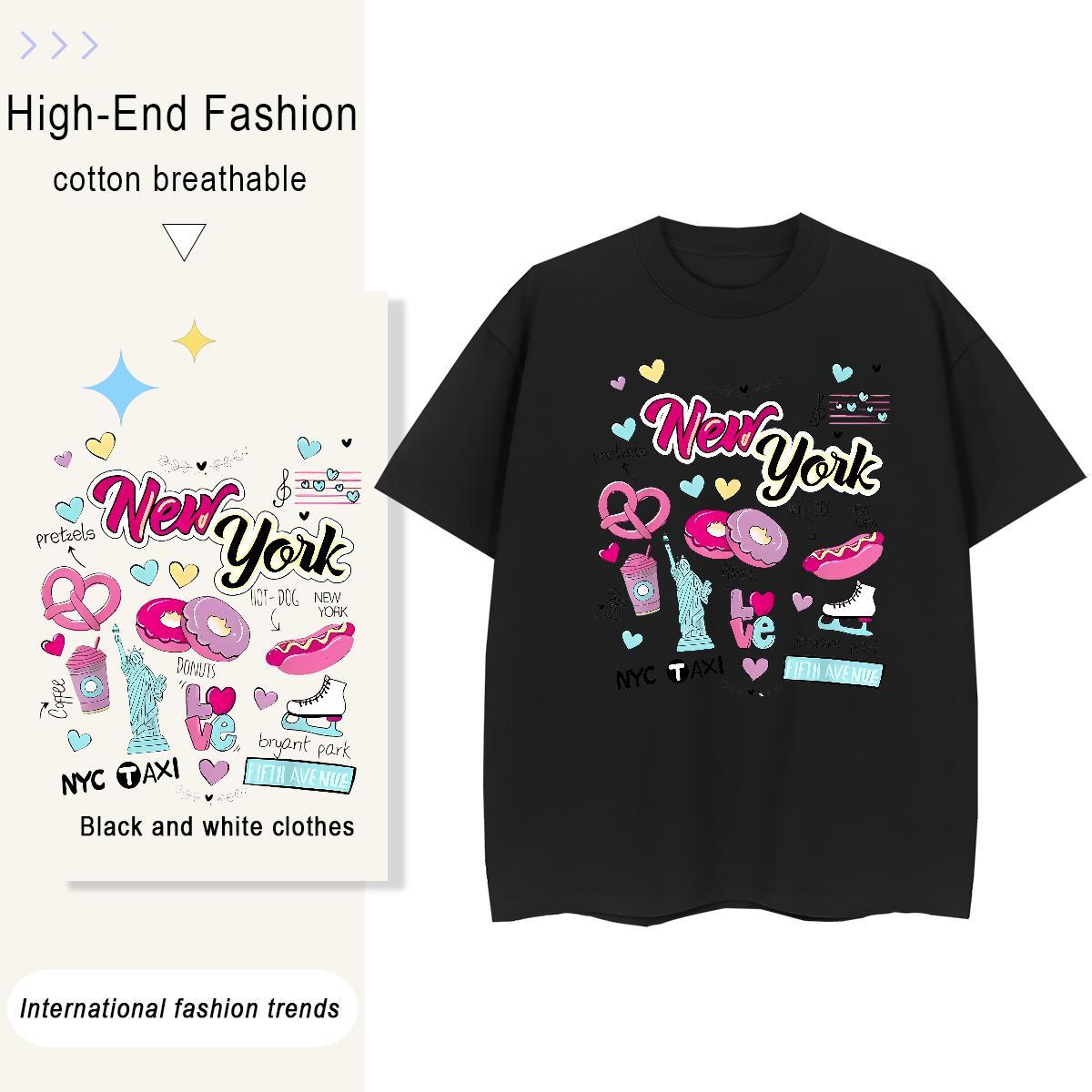 Loose New York 100% Cotton 230g Men Clothes T-Shirt Street O-Neck Short Sleeve T-Shirts for Men 2024 Cartoon Printing L-4XL Clothings