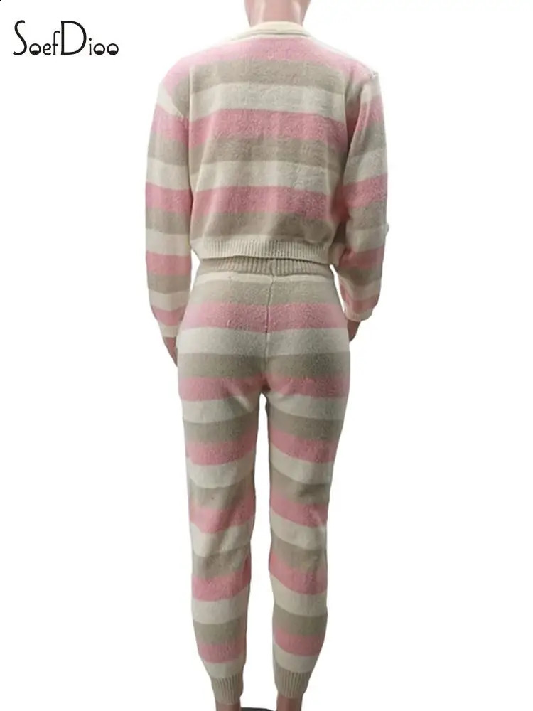 Soefdioo Fashion Knitted Striped 3 Piece Set Women Long Sleeve Short Cardigan TanksPant Matched Casual Outfits Tracksuits 240819