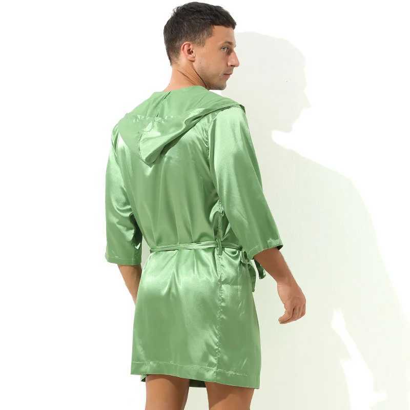 Mens hooded sweatshirt silk satin kimono pajamas half sleeved bathroom gown evening gown mens loose night gown casual wear thin underwearW240719