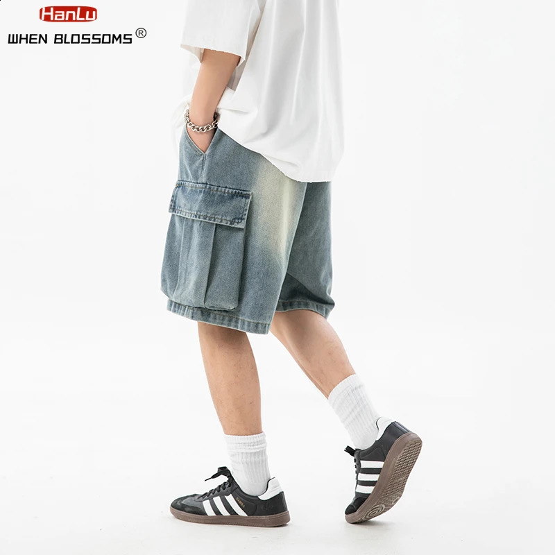 South Korean fashion mens wide leg denim shorts summer style loose casual elastic waist large pocket cargo jeans 240819