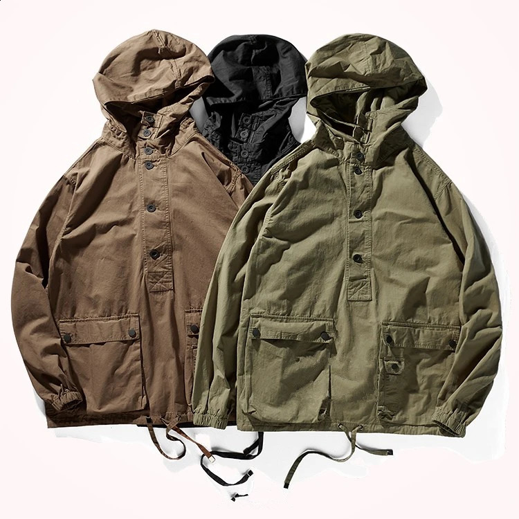 Retro workwear casual jacket mens loose shoulder sleeves fashionable hooded functional windbreaker top 240819