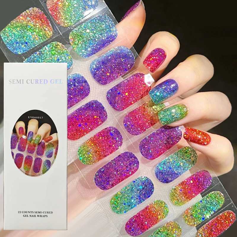 Semi-cured French Nail Wraps Gold Sliver Glitter Gel Lasting Eco-friendly Manicure UV Lamp Need Nail Sticker Finger DecalsXJ240815