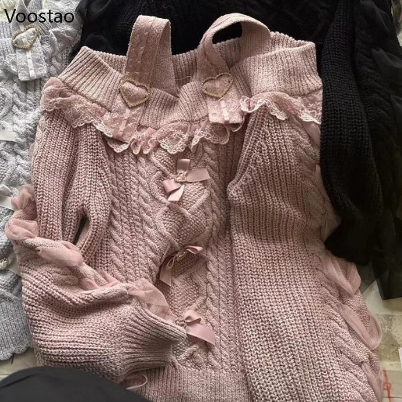 Japanese Cute Lolita Style Knitted Pullover Autumn Women Sweet Hearts Buckle Off Shoulder Lace Bow Sweater Girls Vintage Tops 240819