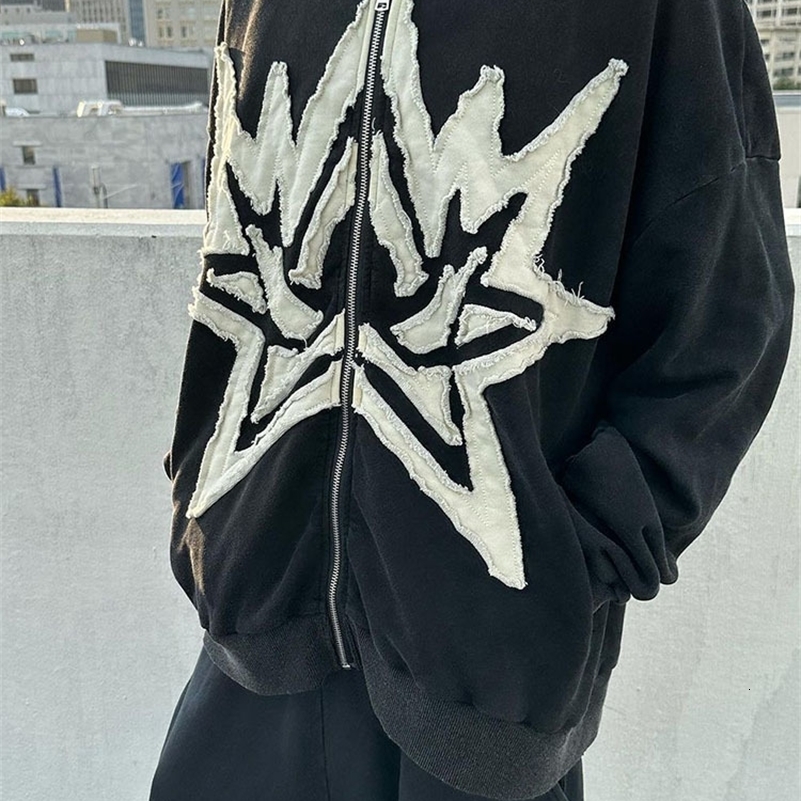 BIG PROMOTION Y2K European and American AutumnWinter Mens Gothic Street Hoodie Embroidered Star Zipper Hooded Casual Sweater 240819