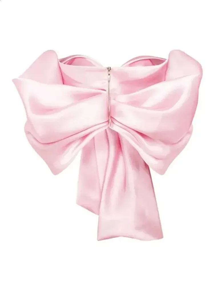 Fashion Pink Satin Bow Strapless Top Women Summer Pleated Off Shoulder Backless Cropped Vest Female Elegant Chic Streetwear 240819