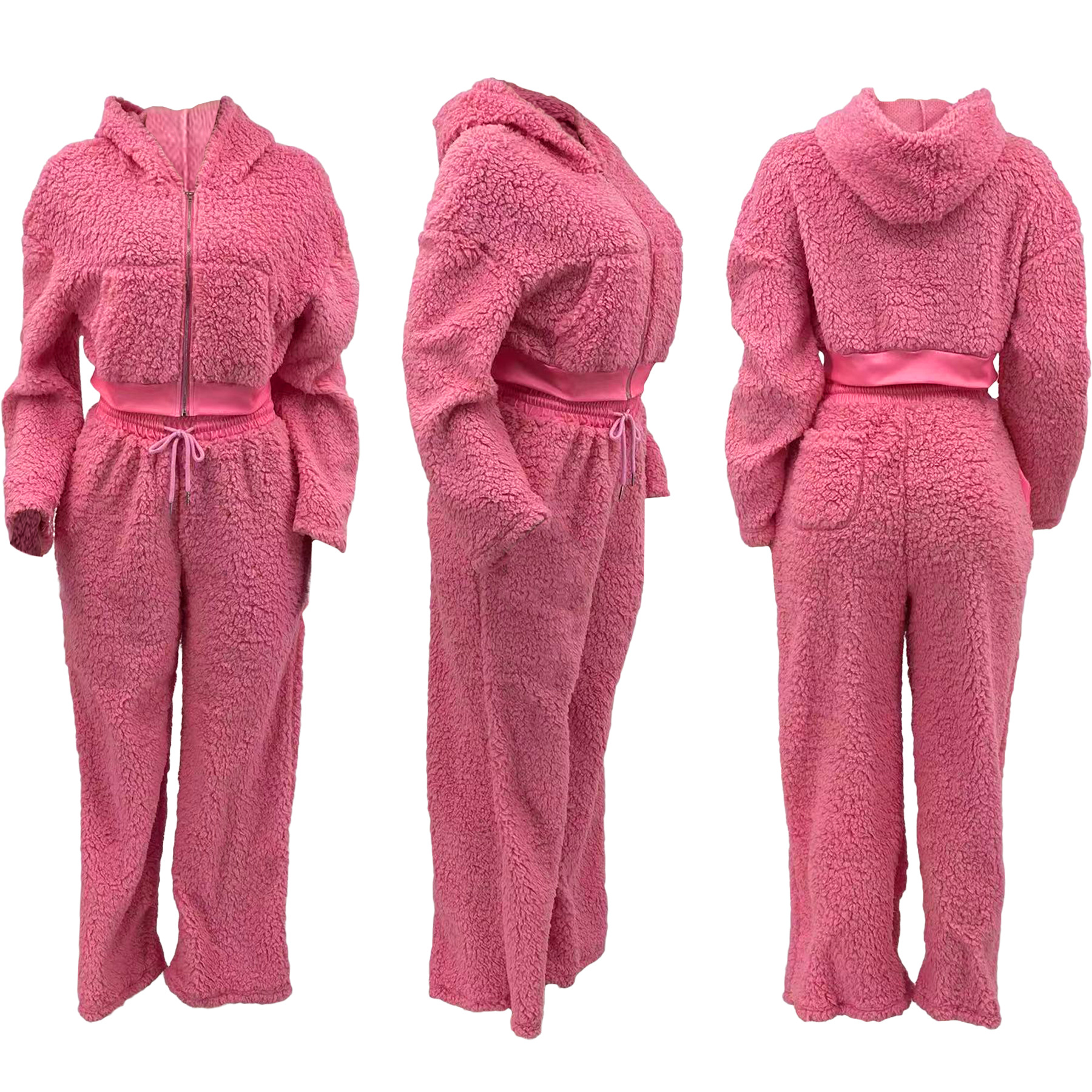 Iamgia Womens Tracksuit Outfits Flared Pants Zip-Up Cap Sleeve High Spring Top & Low Waist Microsolid Casual Fashion Veet Winter Long Suit Social Clot