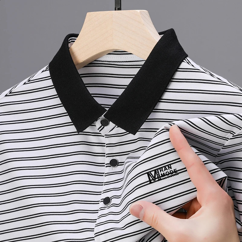 Summer Fashion Striped Polo Shirt for Mens Printed Short sleeved High end Silk Cotton Breathable Business Casual lapel T-shirt 240820