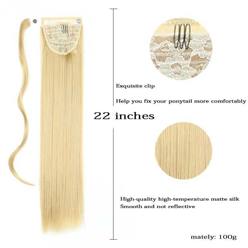 Synthetic ponytail with hair extensions clipped onto a fake wig with blonde hair wrapped around the braid a long and smooth ponytail W240817