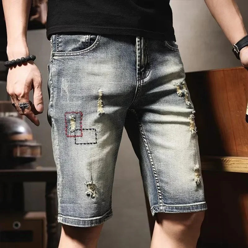 Open collar mens denim shorts slim fit summer blue wholesale Korean fashion coarse cut Y2k 240819