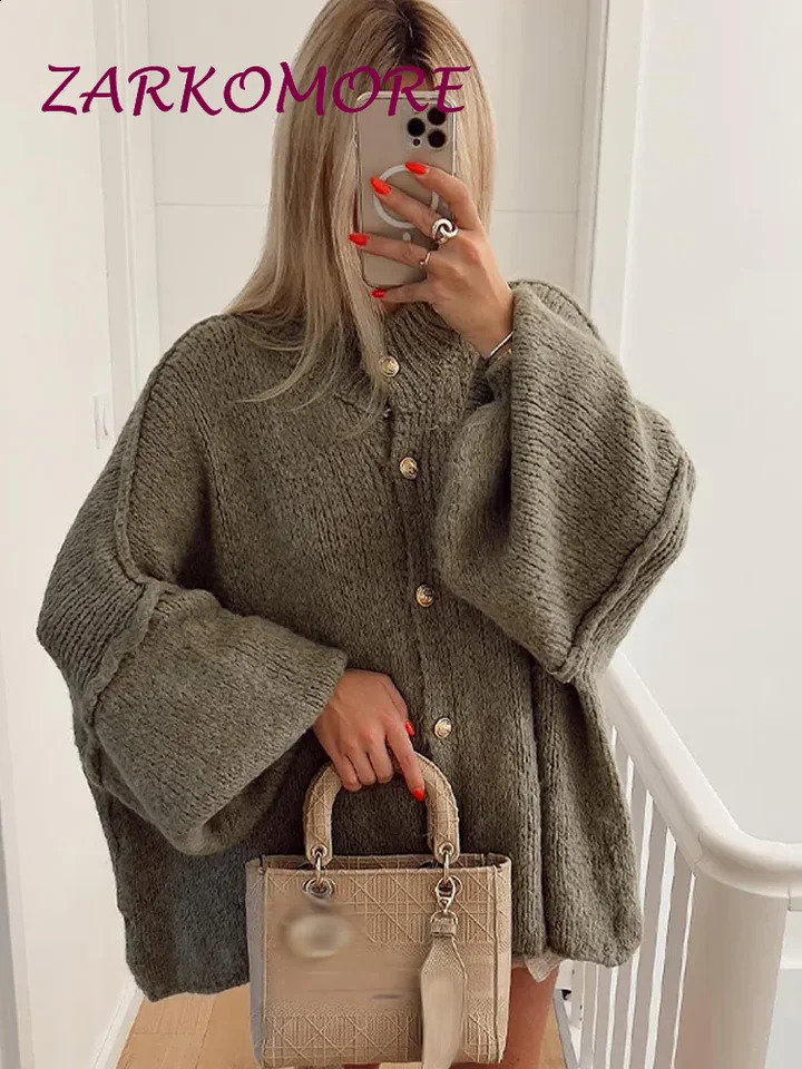 Solid color knitted womens open breasted batwing sleeve button loose floral autumn chic commuting casual sweater 240819