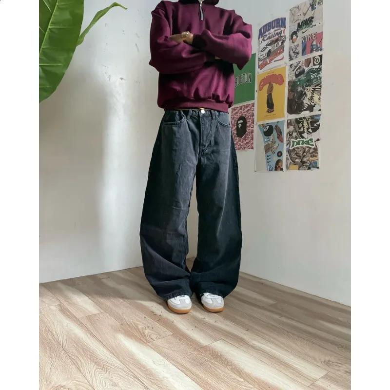 High street geometric print black oversized jeans men clothing y2k clothing 2000s American casual straight baggy pants 240819