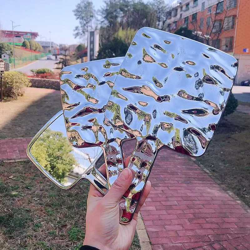 Ins Liquid Shape Square Mirror Mini Hand-Held Desktop Cosmetic Makeup Mirror Travel Metallic Portable Beauty Mirror For Handbag Y240819