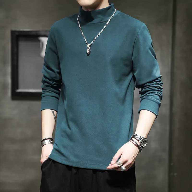 2023 Autumn Mens T-Shirts Spring High Collar Slim Tee Shirt Long Sleeve Solid Color De Rong Warm Basic Tops Man UndershirtsXJ240819