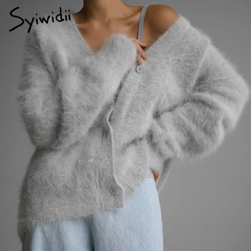 Syiwidii Elegant Knitted Womens Open Skirt Casual Vneck Single Chest Long Sleeve Sweater AutumnWinter Fashion Coat 240819