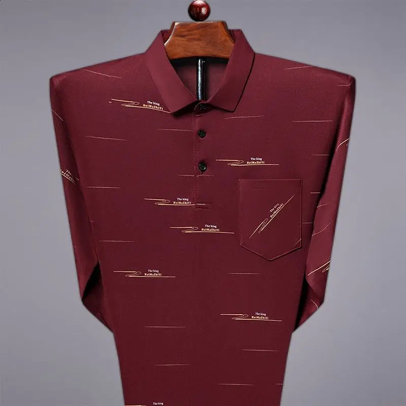 Real Pocket Summer Mens Long Sleeved Lapel with Ice Silk Thin Printed Polo Shirt Loose and Comfortable Casual Bottom Top 240820
