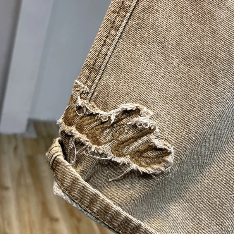 Retro jeans mens shorts yellow mud street fashion Bermuda pants straight loose applique denim 240819