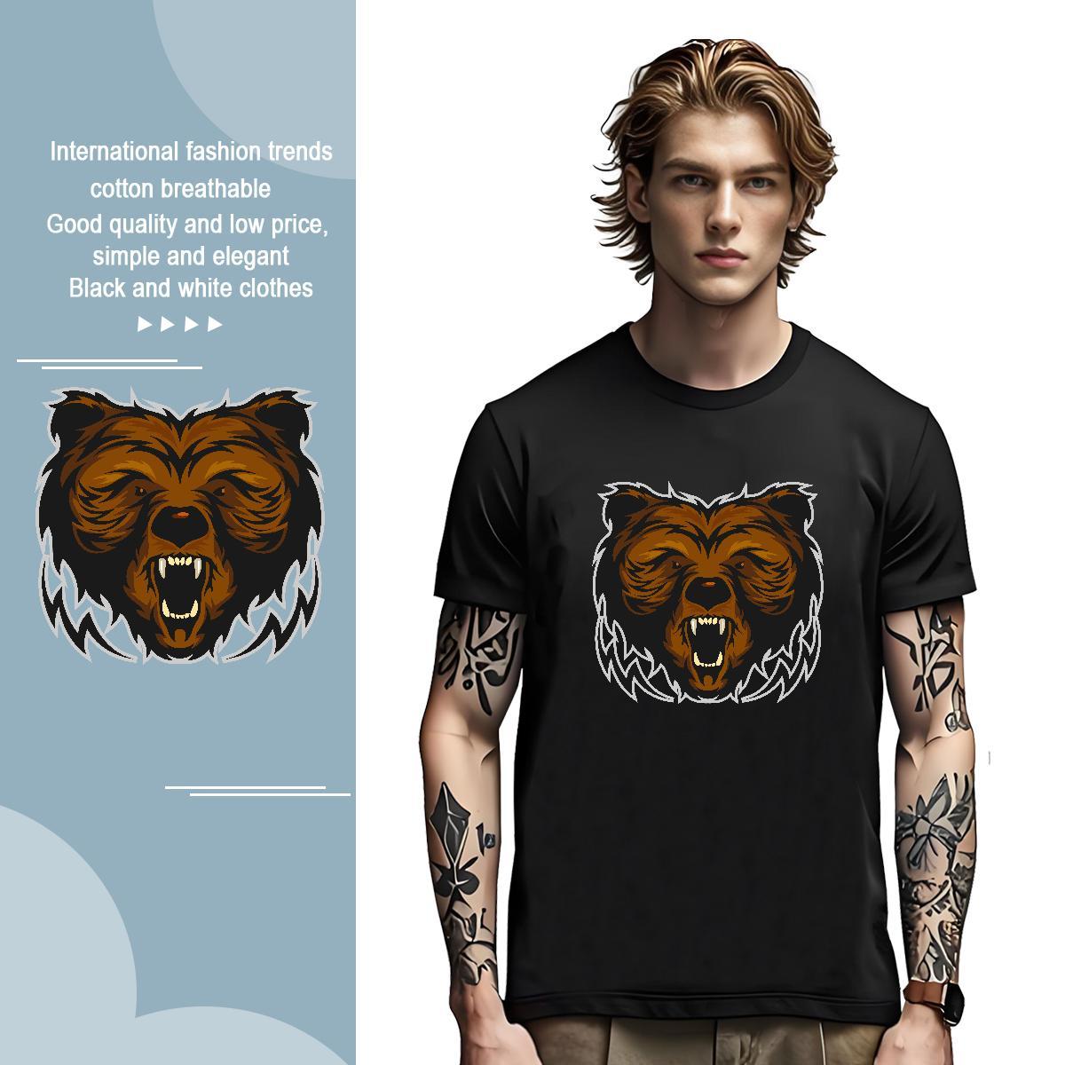 Classic T-Shirts for Men bear Pure Cotton Anime Printing Street Cartoon Print 230g Pure Cotton Men Clothes T-Shirt 2024 Tee Shirt