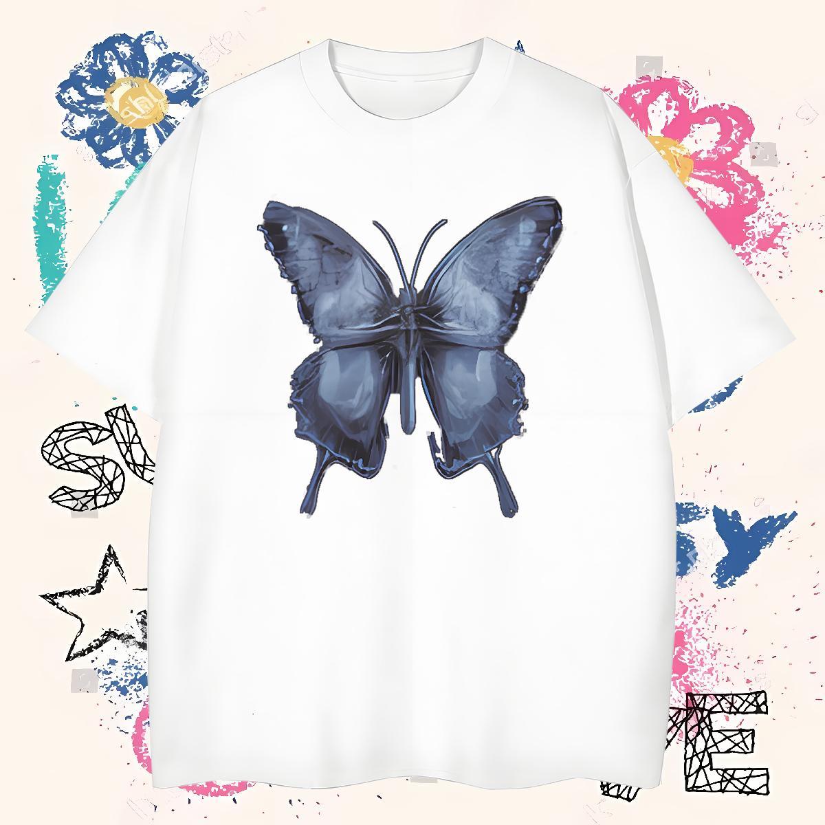 Brand Men Clothes T-Shirt Butterfly Street wear Hip Hop 230g Cotton Top Tees O-Neck Short Sleeve High Quality T Shirts Men Cartoon Printing L-4XL