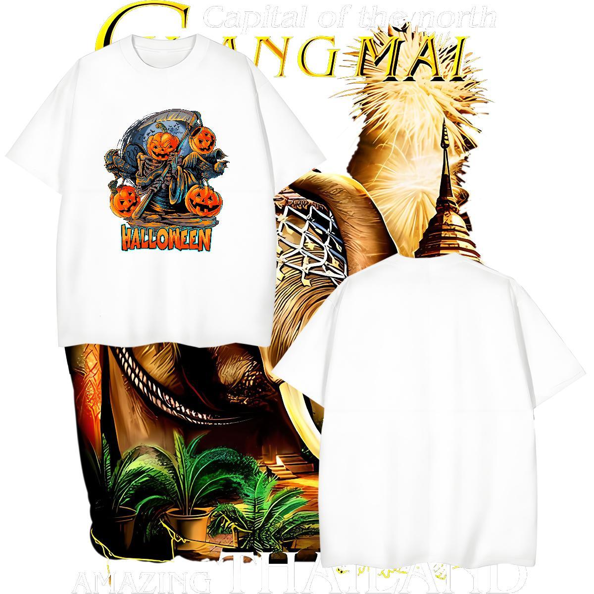 Designer T-Shirts pumpkin O Neck Short Sleeves Daily Wear Cartoon Printing L-4XL 230g 100% Cotton Couples T Shirts DIY Tops Shirt