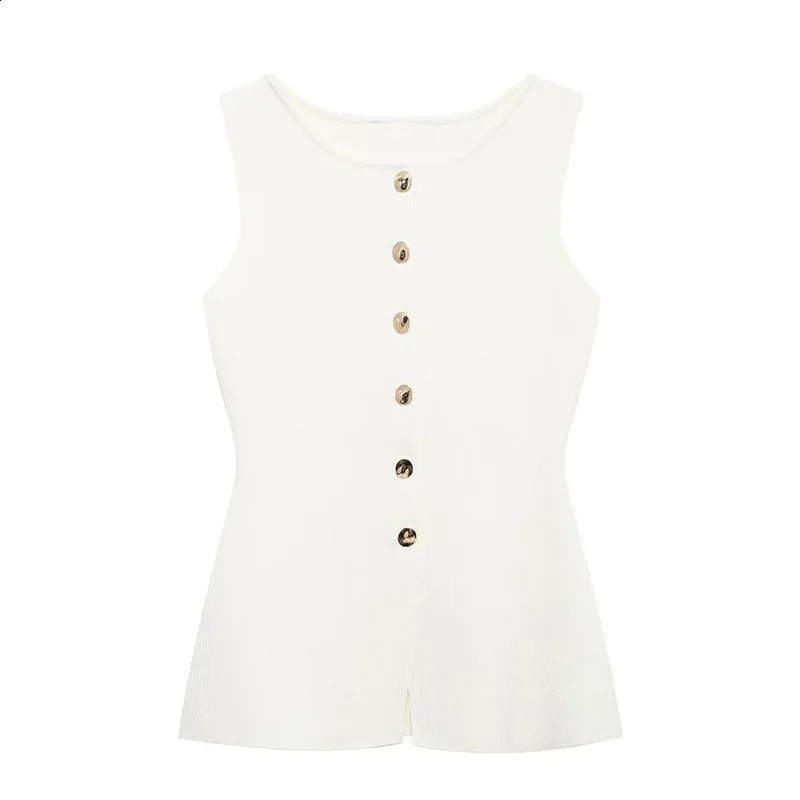 Yuyang womens fashionable plain knitted vest with gold buttons Oneck sleeveless 240819