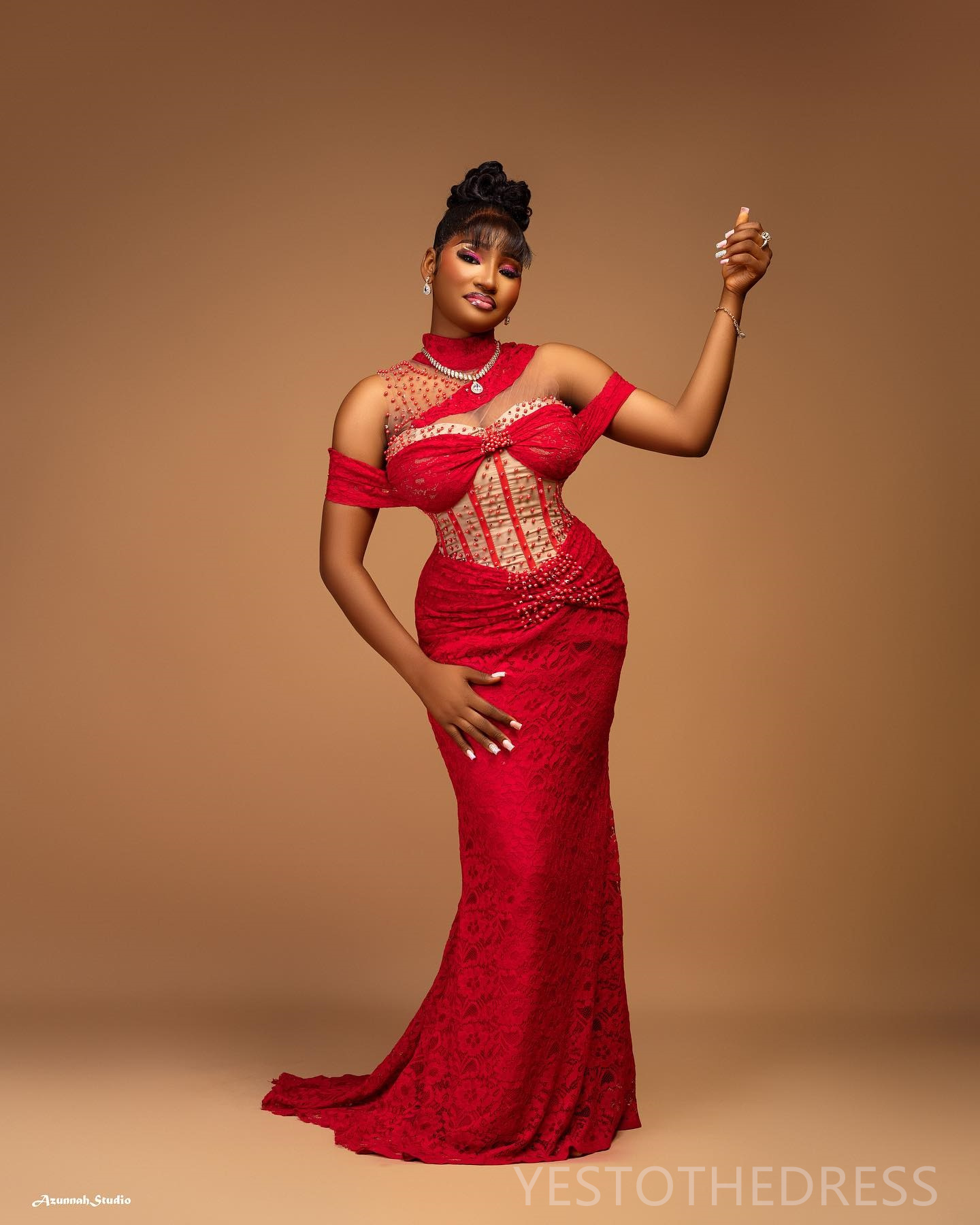 R&W 2024 Aso Ebi Red Prom For Special Ocns Evening Dresses Elegant Illusion Promdress High Neck Mermaid Beaded Lace Birthday Dress Reception Gowns AM1