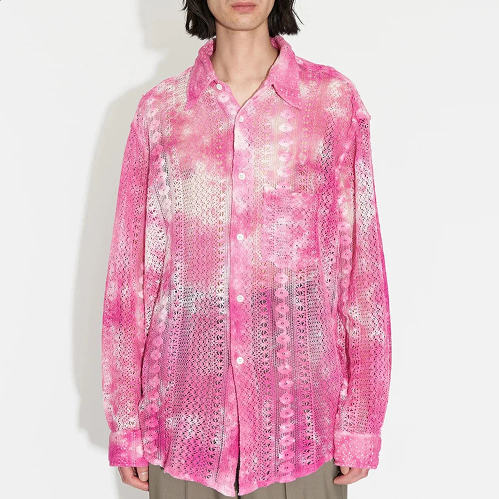 Mens shirt casual hollow mesh see through top fashionable and personalized niche jacket breathable mens summer style 240820