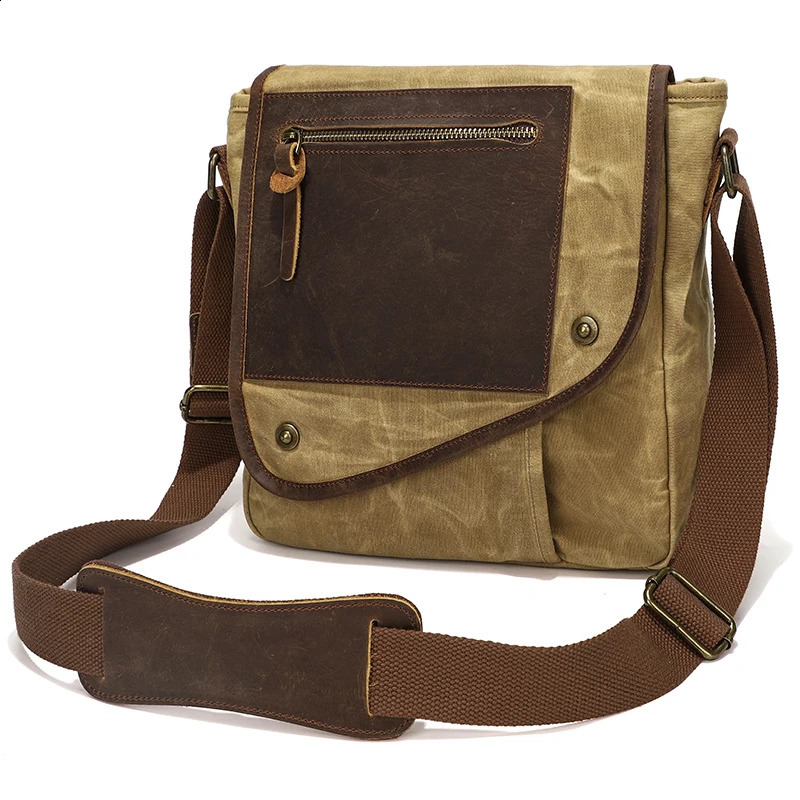 Mens Small Vintage Messenger Waterproof Travel Shoulder Crazy Horse Leather Waxed Canvas Crossbody Bag 240819