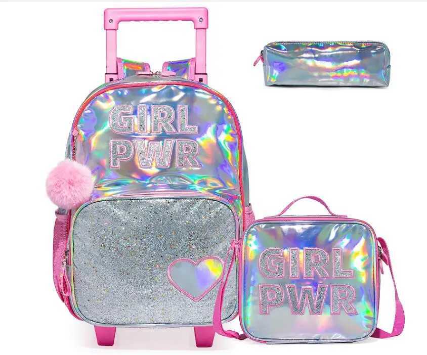 Kids Trolley Backpack and Lunch Bag Set for Girls Sequin Rolling Backpack for Girls Backpack with Wheels Kids Hand Luggage Bag Y240820