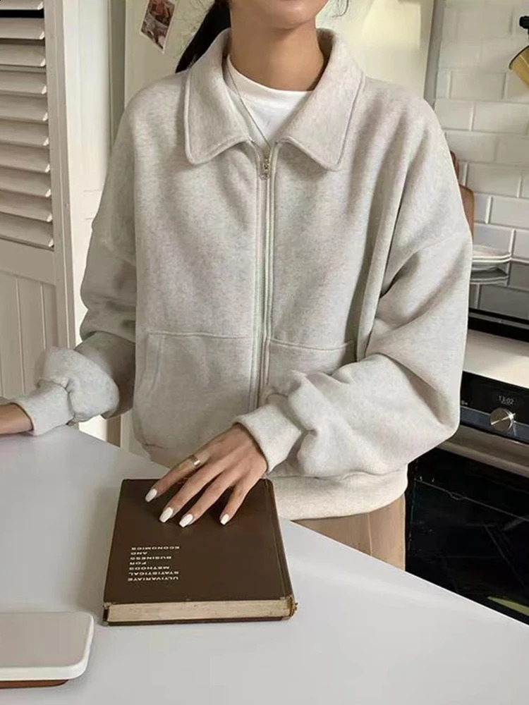 Vintage Zip Up Sweatshirts Cardigans Winter Autumn Women Hoodies Long Sleeve Plain Grey Tops Jacket Coat Loose Casual Short Coat 240819