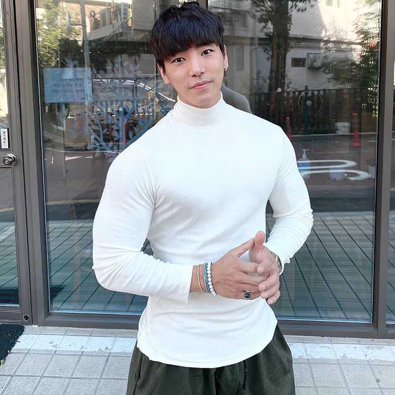 Autumn New Turtleneck T Shirts Men Knitting Shirt Slim Fit Fitness Elastic Clothes Long Sleeve T-Shirt Casual High Neck TopsXJ240819
