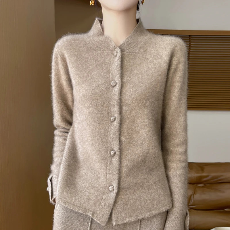 China collar 100% Merino wool cardigan sweater autumn and winter retro solid color jacket loose knit top 240819