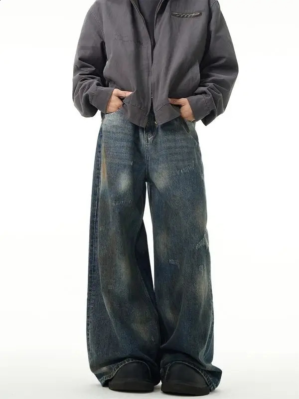 American retro tie dye washed straight leg men and women trendy jeans couple hip-hop street loose wide leg casual pants y2k 240819