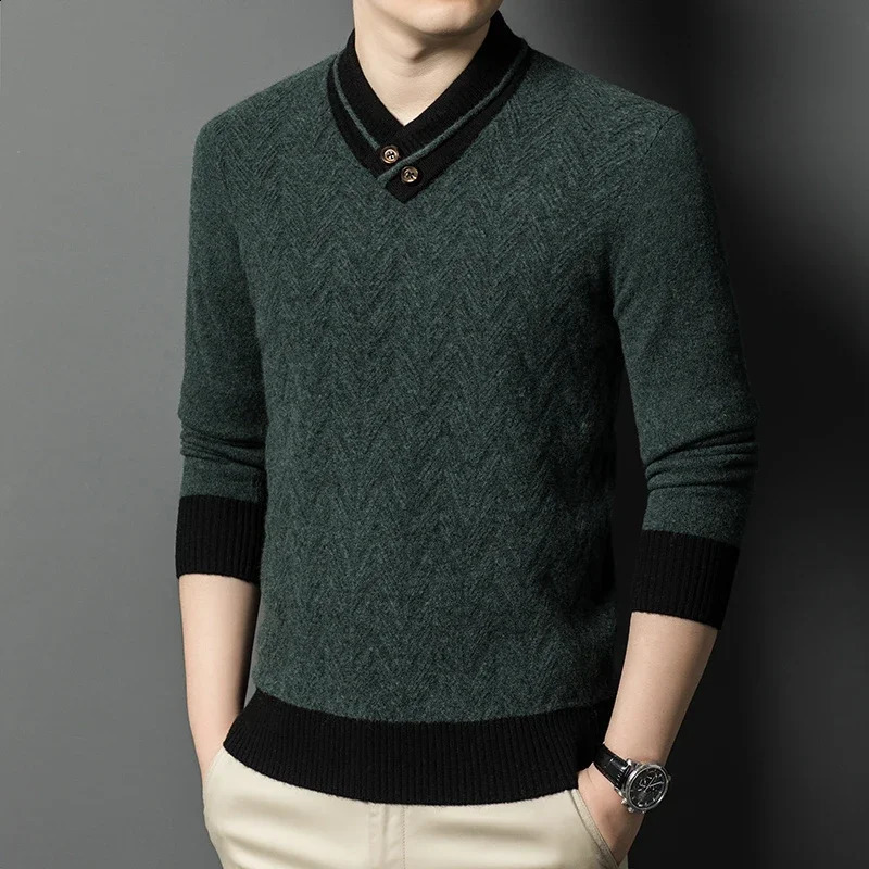 autumn and winter mens all wool Vneck button sweater knitted bottom casual warm fashionable floral clothing 240819