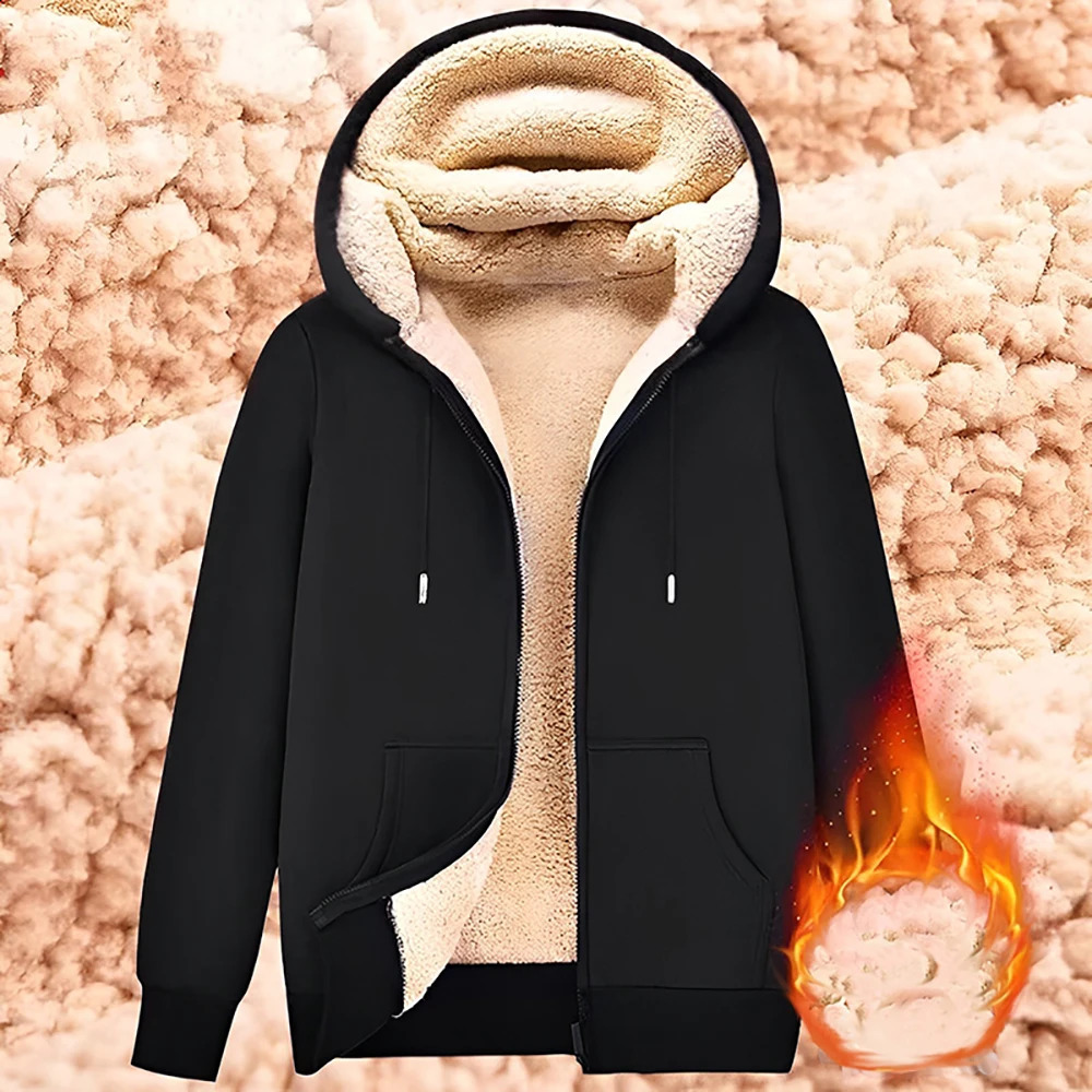 Fashionable sportswear jacket with front pocket warm zipper cashmere mens and womens winter solid color plush lining open top hooded sweatshirt 240819
