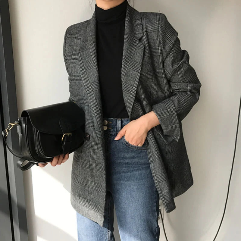 Womens Winter Plain Blazer Jacket Korean Fashion Elegant Solid Thick Double Chest Office Long