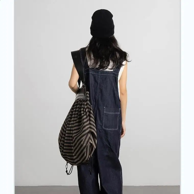 3 Women Tote High-Capacity Vintage Nylon Bucket Casual Striped Zipper Soft Shoulder Handbag Backpack Shopping Bag 240819 4