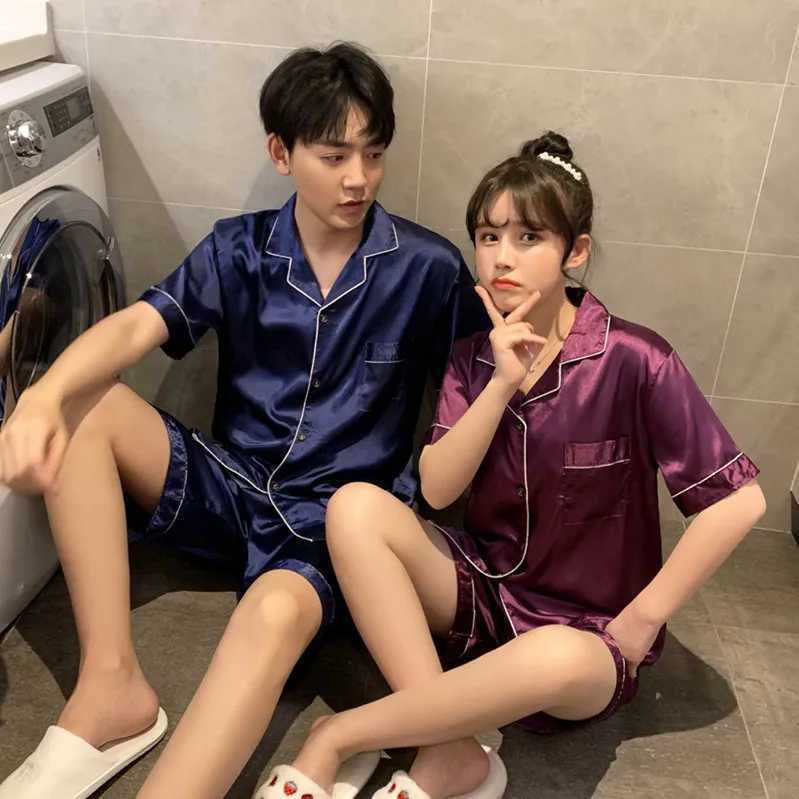 New couple sleepwear silk satin solid color sleepwear set short sleeved family clothing sleepwear womens sleepwearW240719