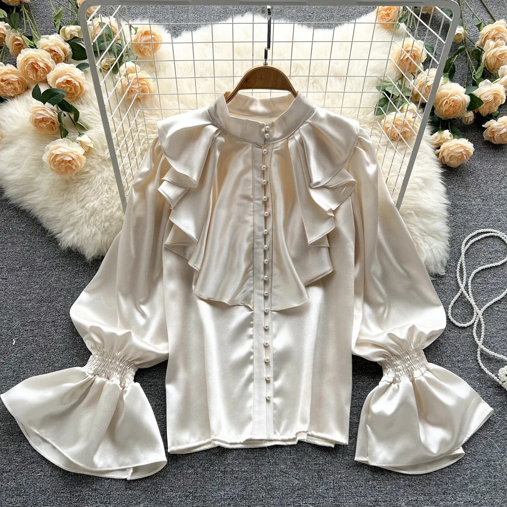 Elegant Retro Ruffle Shirt Puff Long Sleeve Korean Fashion Sweet Top Womens Unique Gothic Spring and Autumn 240819