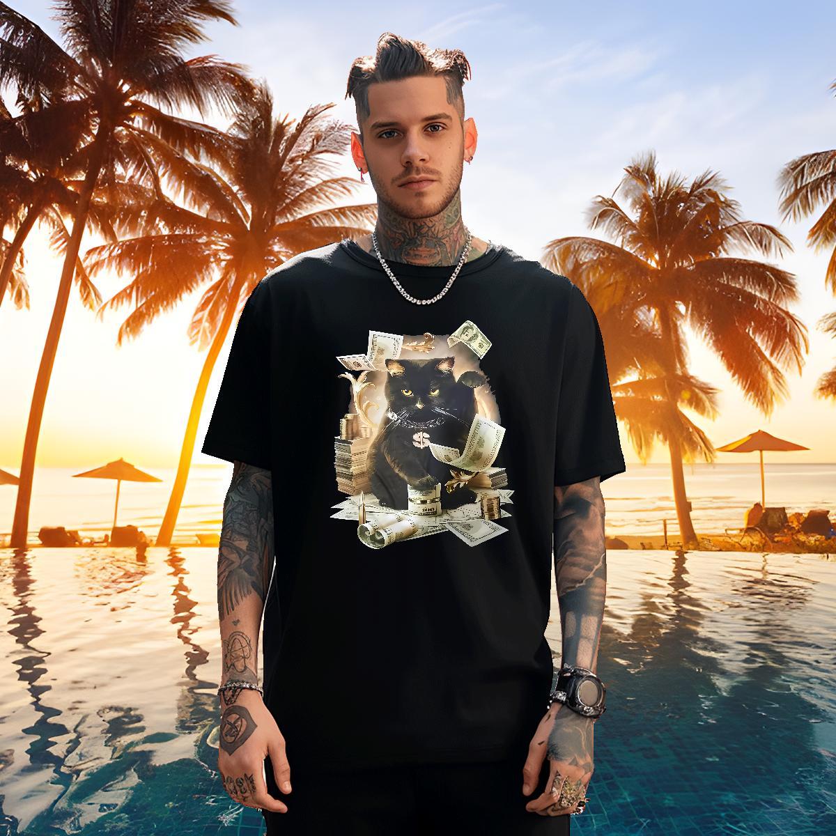 Unisex T Shirts Men cat Breathable Daily Wear Cartoon Printing L-4XL 230g Cotton Mens Tshirts Wholesale Tees