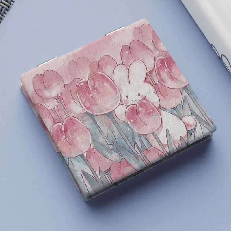 1pcs Tulip Bunny Cute Compact Mirror Makeup Mirror Square Folding Double-Sided Make Up Mirror Pocket Portable Compact For Girls Y240819