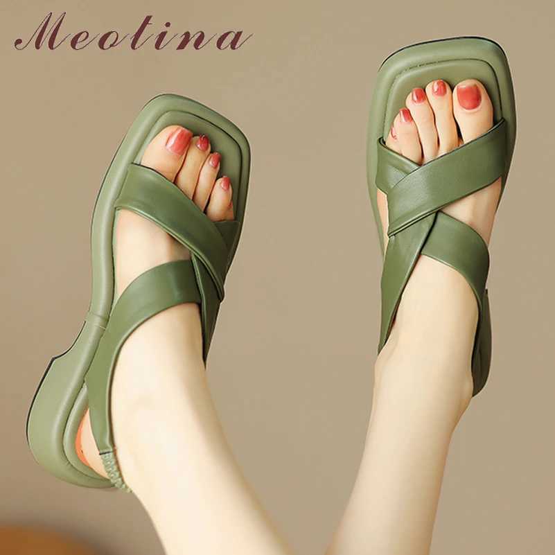 Meotina Women Genuine Leather Sandals Square Toe Platform Block Mid Heels Ladies Fashion Casual Shoes Summer Green Apricot 40 CL240806