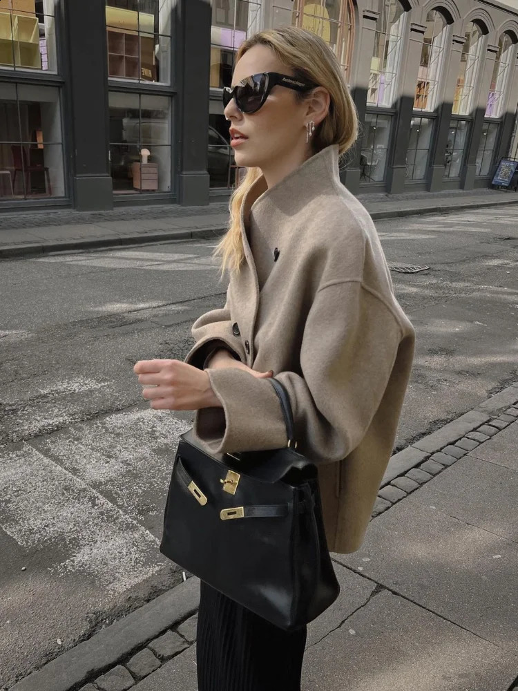 Elegant Wool Womens Coats Loose Casual Double Breasted Stand Collar Short Jacket Fall Winter Coat Female Commute Outerwear 240820