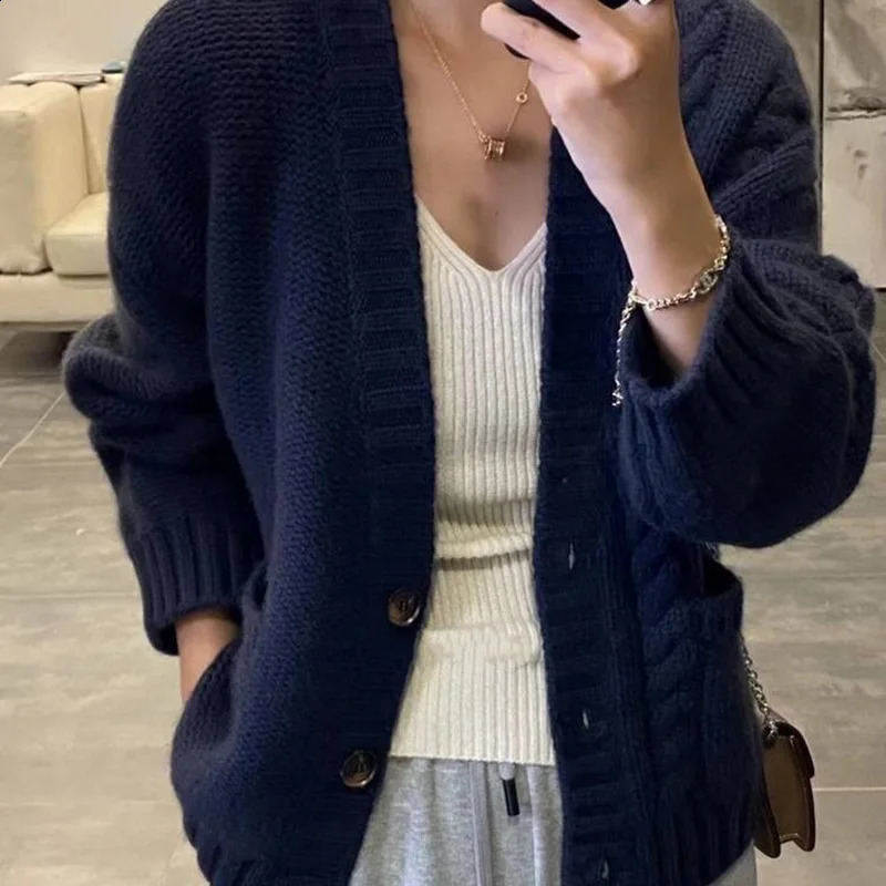 Vneck short sleeved knitted cardigan womens autumn and winter thick Korean casual loose long sweater jacket in 3 colors 240819